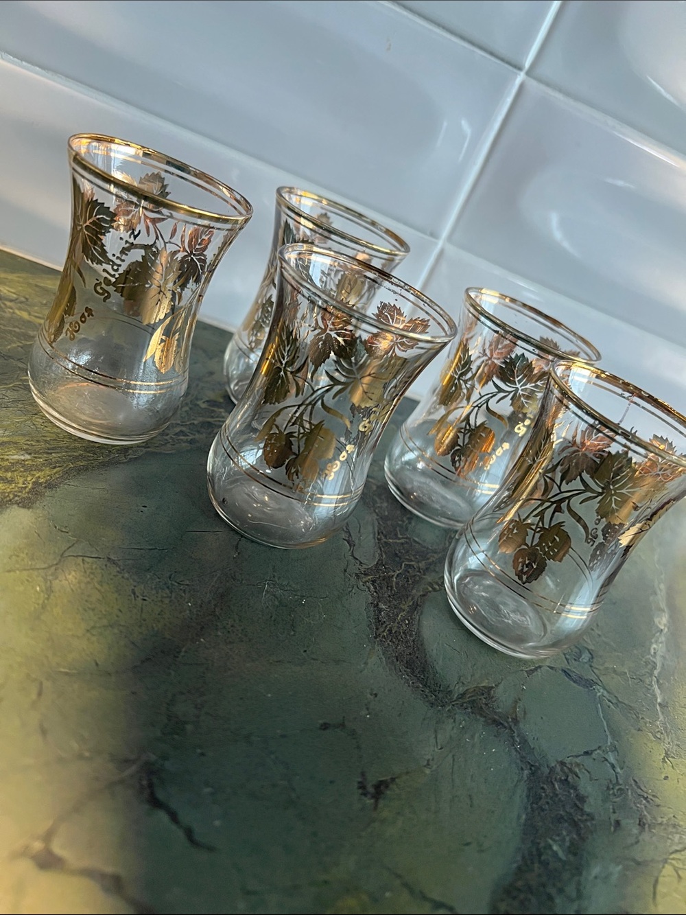 Set of 5 Gold Floral Tea Glasses vintage Turkish tea glasses. Mini vase
